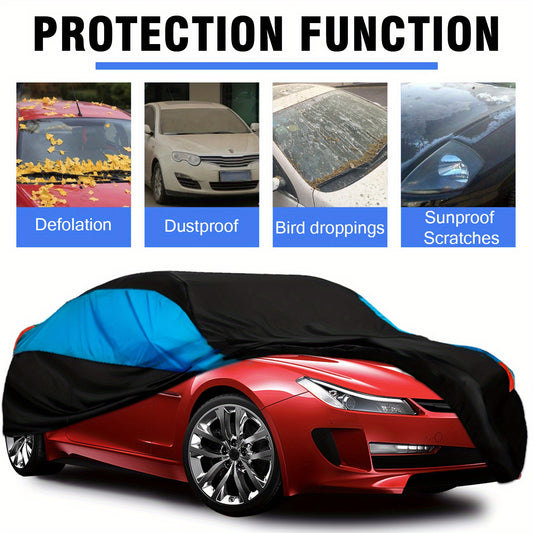 Universal Fit Outdoor Car Cover 170T Polyester Thickened Fabric with Reflective Strips, Full Exterior Sunshade Dustproof Protection for Sedan SUV - Black & Blue