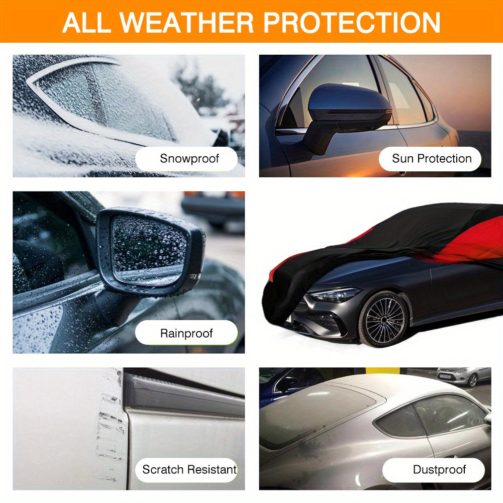 Universal Fit Outdoor Car Cover 170T Polyester Thickened Fabric with Reflective Strips, Full Exterior Sunshade Dustproof Protection for Sedan SUV - Black & Red