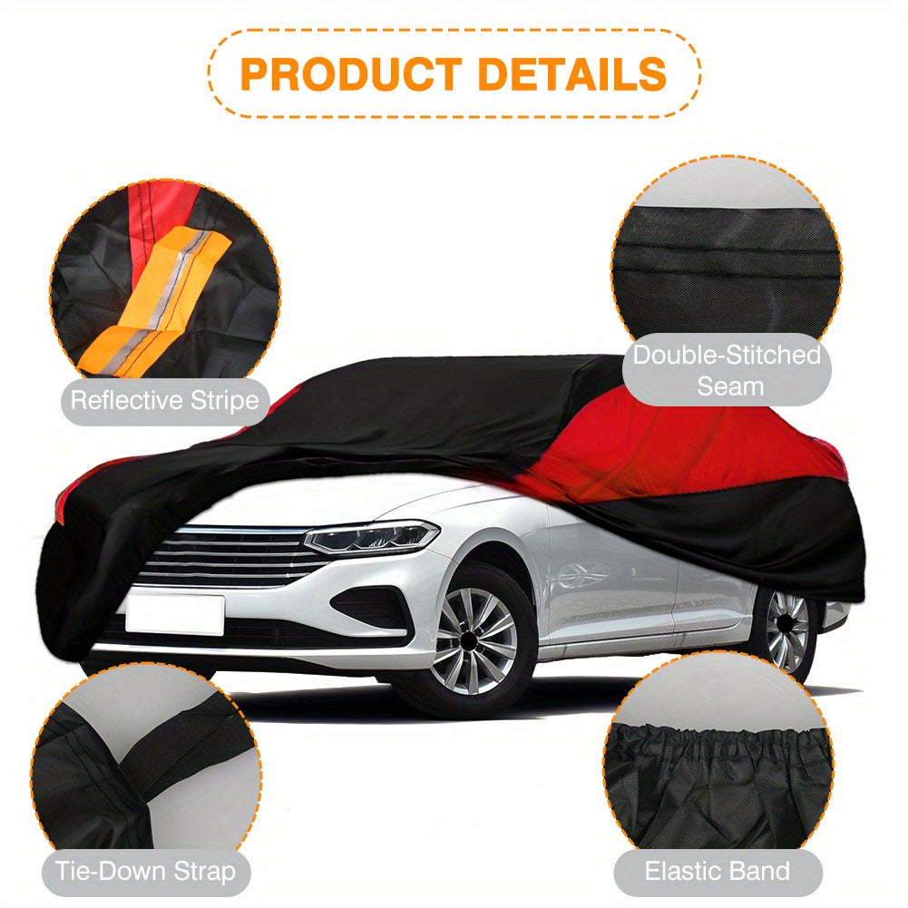 Universal Fit Outdoor Car Cover 170T Polyester Thickened Fabric with Reflective Strips, Full Exterior Sunshade Dustproof Protection for Sedan SUV - Black & Red