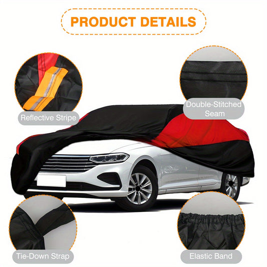 Universal Fit Outdoor Car Cover 170T Polyester Thickened Fabric with Reflective Strips, Full Exterior Sunshade Dustproof Protection for Sedan SUV - Black & Red
