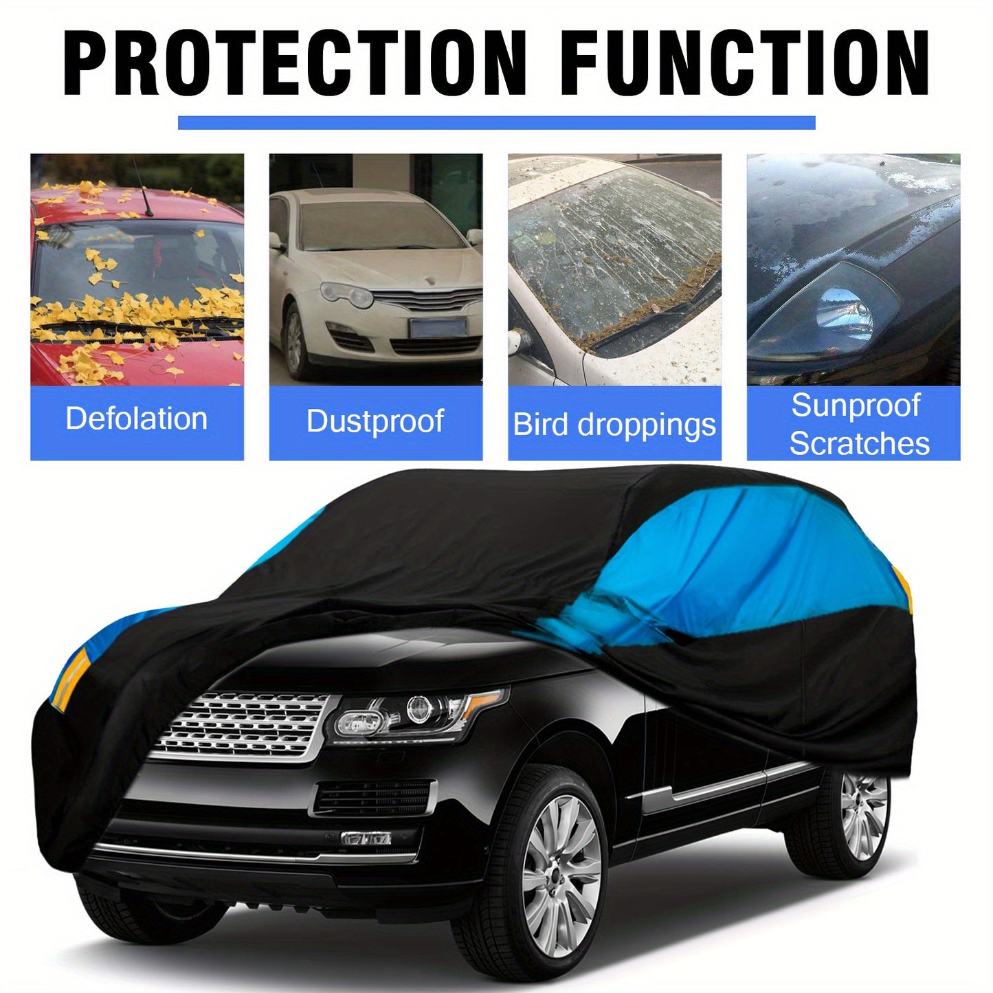 Universal Fit Outdoor Car Cover 170T Polyester Thickened Fabric with Reflective Strips, Full Exterior Sunshade Dustproof Protection for Sedan SUV - Black & Blue