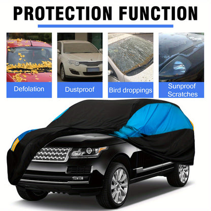 Universal Fit Outdoor Car Cover 170T Polyester Thickened Fabric with Reflective Strips, Full Exterior Sunshade Dustproof Protection for Sedan SUV - Black & Blue