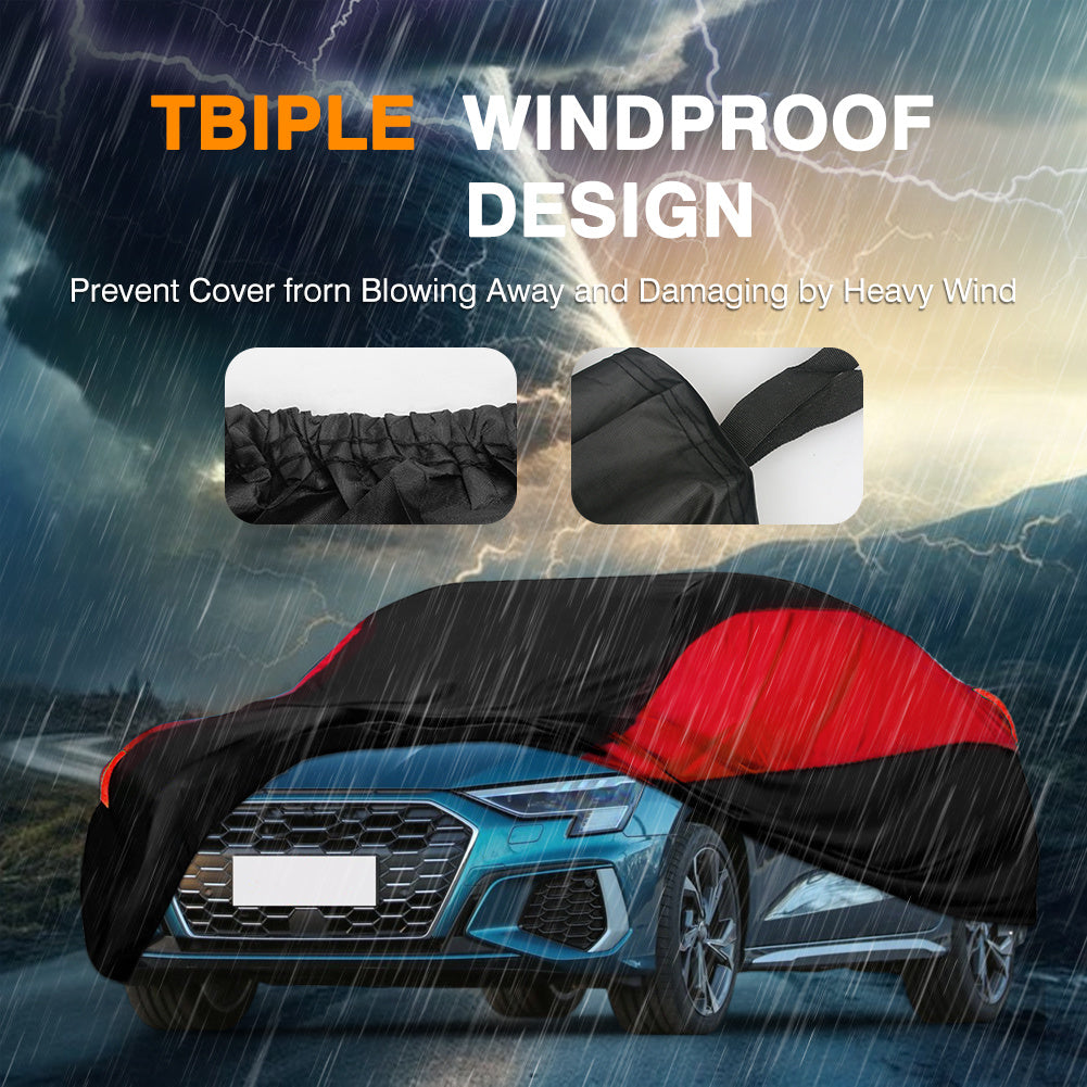 Universal Fit Outdoor Car Cover 170T Polyester Thickened Fabric with Reflective Strips, Full Exterior Sunshade Dustproof Protection for Sedan SUV - Black & Red