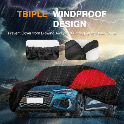 Universal Fit Outdoor Car Cover 170T Polyester Thickened Fabric with Reflective Strips, Full Exterior Sunshade Dustproof Protection for Sedan SUV - Black & Red