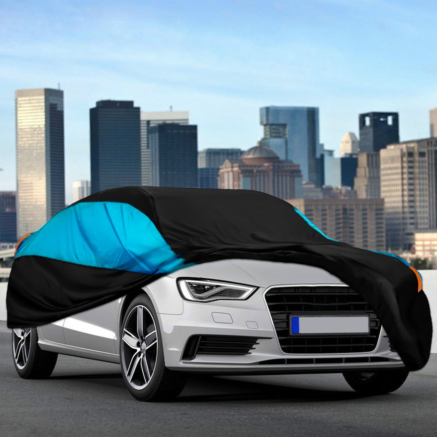 Universal Fit Outdoor Car Cover 170T Polyester Thickened Fabric with Reflective Strips, Full Exterior Sunshade Dustproof Protection for Sedan SUV - Black & Blue