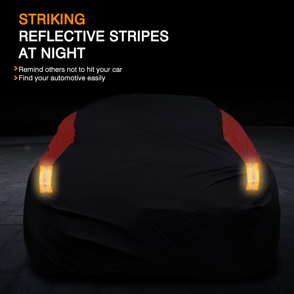 Universal Fit Outdoor Car Cover 170T Polyester Thickened Fabric with Reflective Strips, Full Exterior Sunshade Dustproof Protection for Sedan SUV - Black & Red