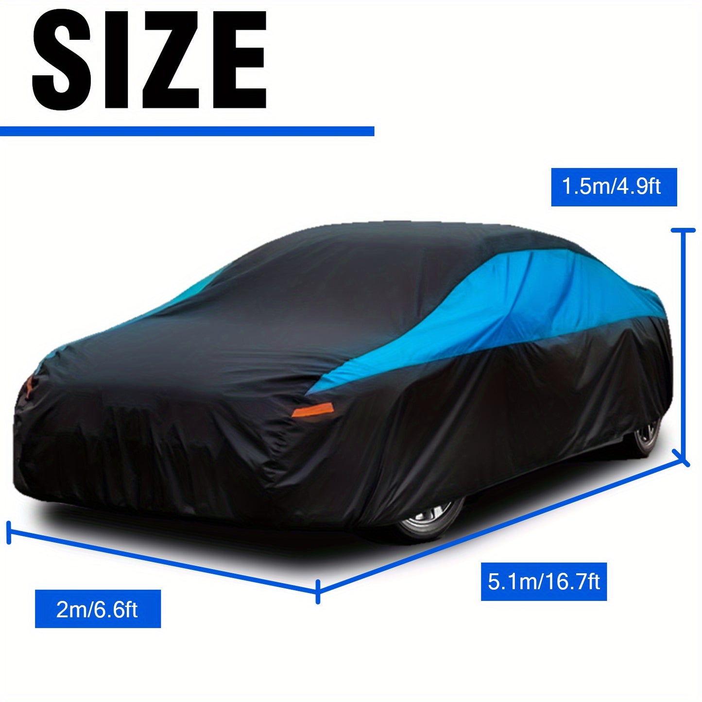 Universal Fit Outdoor Car Cover 170T Polyester Thickened Fabric with Reflective Strips, Full Exterior Sunshade Dustproof Protection for Sedan SUV - Black & Blue