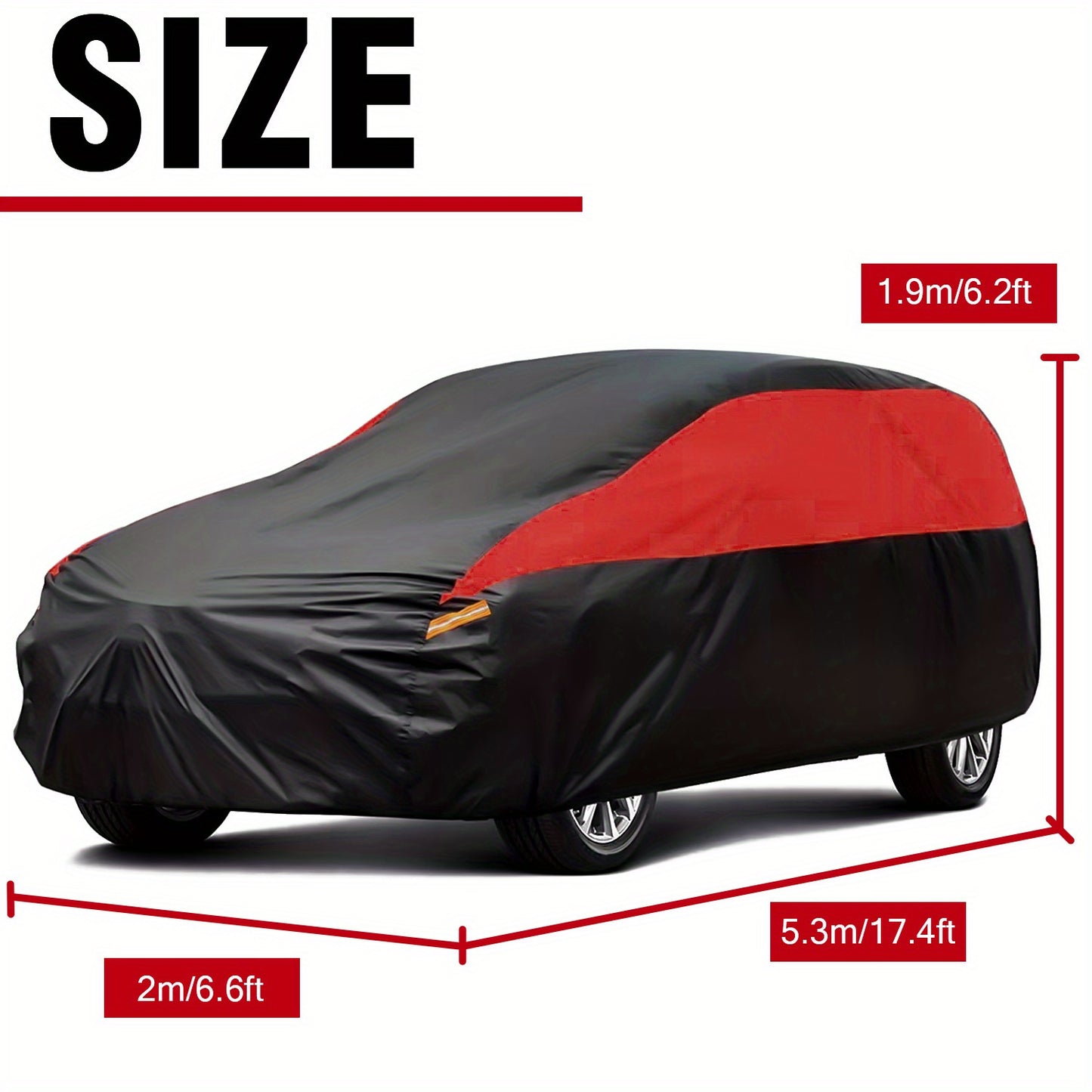 Universal Fit Outdoor Car Cover 170T Polyester Thickened Fabric with Reflective Strips, Full Exterior Sunshade Dustproof Protection for Sedan SUV - Black & Red
