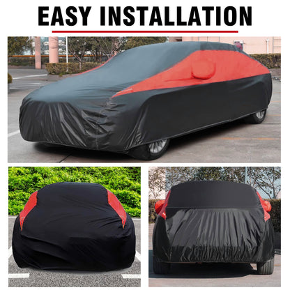 Universal Fit Outdoor Car Cover 170T Polyester Thickened Fabric with Reflective Strips, Full Exterior Sunshade Dustproof Protection for Sedan SUV - Black & Red
