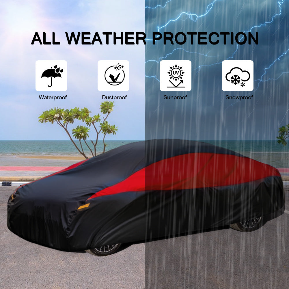 Universal Fit Outdoor Car Cover 170T Polyester Thickened Fabric with Reflective Strips, Full Exterior Sunshade Dustproof Protection for Sedan SUV - Black & Red