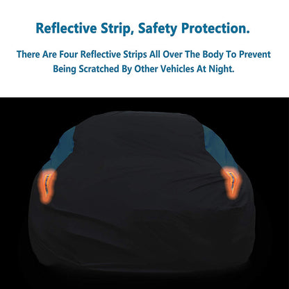 Universal Fit Outdoor Car Cover 170T Polyester Thickened Fabric with Reflective Strips, Full Exterior Sunshade Dustproof Protection for Sedan SUV - Black & Blue