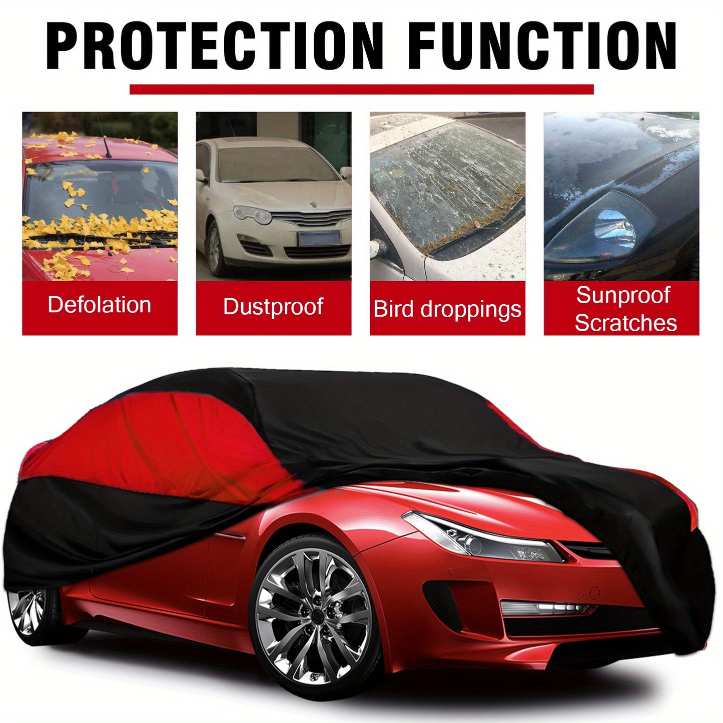 Universal Fit Outdoor Car Cover 170T Polyester Thickened Fabric with Reflective Strips, Full Exterior Sunshade Dustproof Protection for Sedan SUV - Black & Red