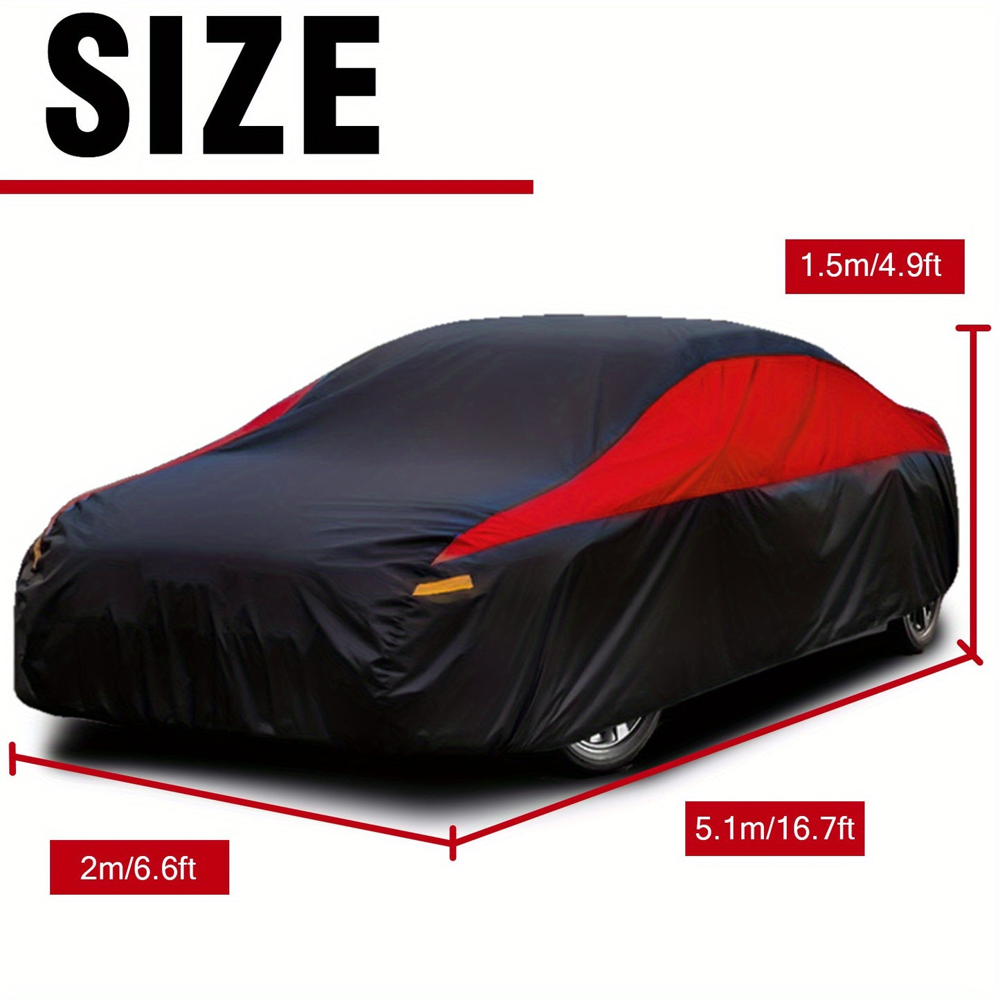 Universal Fit Outdoor Car Cover 170T Polyester Thickened Fabric with Reflective Strips, Full Exterior Sunshade Dustproof Protection for Sedan SUV - Black & Red