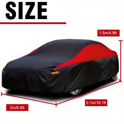 Universal Fit Outdoor Car Cover 170T Polyester Thickened Fabric with Reflective Strips, Full Exterior Sunshade Dustproof Protection for Sedan SUV - Black & Red