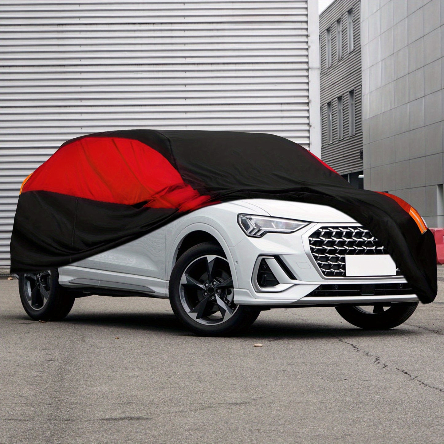 Universal Fit Outdoor Car Cover 170T Polyester Thickened Fabric with Reflective Strips, Full Exterior Sunshade Dustproof Protection for Sedan SUV - Black & Red