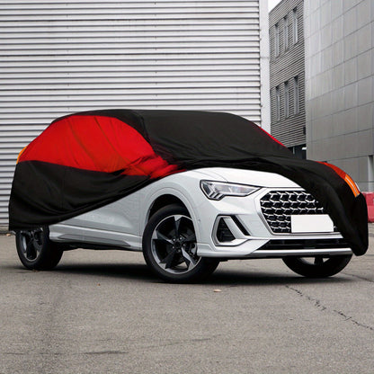 Universal Fit Outdoor Car Cover 170T Polyester Thickened Fabric with Reflective Strips, Full Exterior Sunshade Dustproof Protection for Sedan SUV - Black & Red