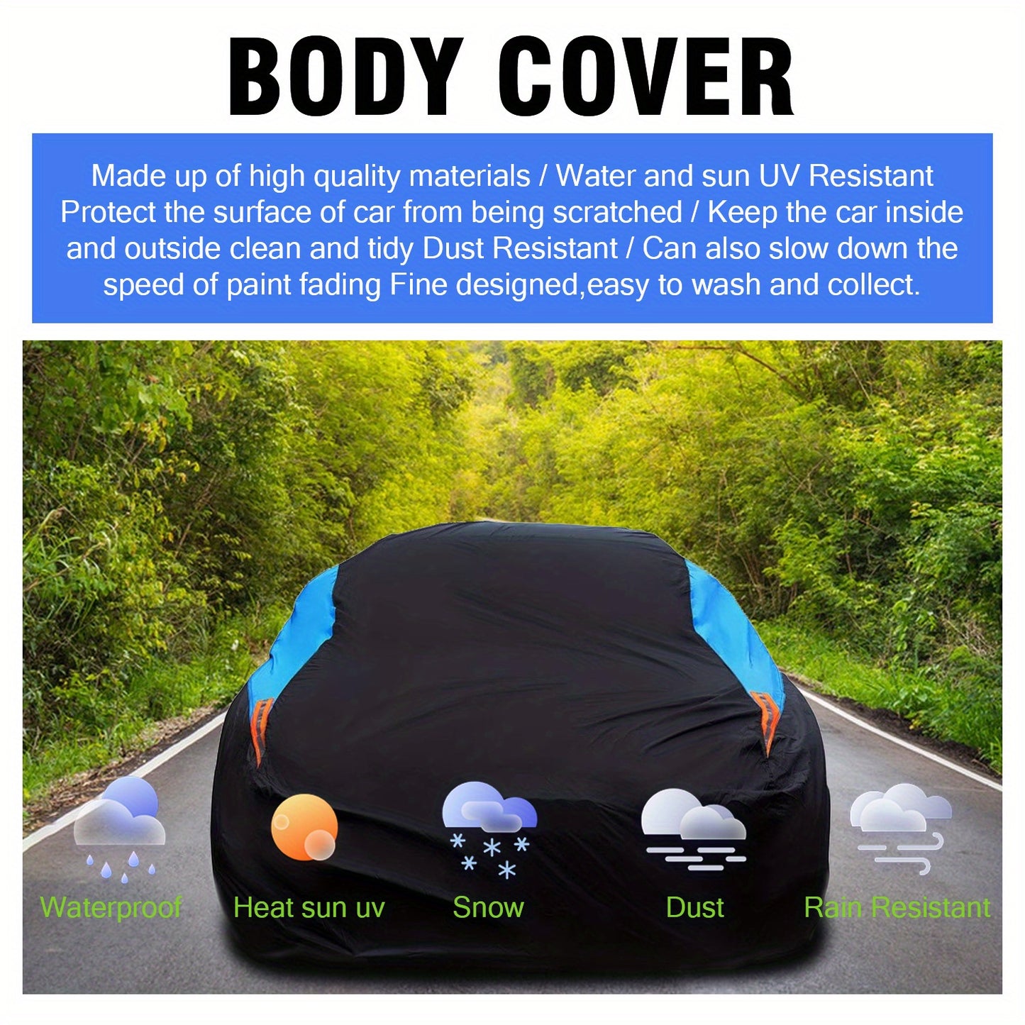 Universal Fit Outdoor Car Cover 170T Polyester Thickened Fabric with Reflective Strips, Full Exterior Sunshade Dustproof Protection for Sedan SUV - Black & Blue