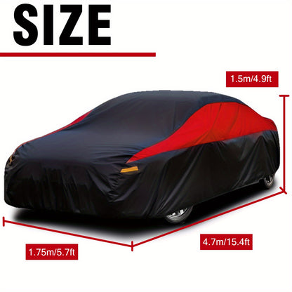 Universal Fit Outdoor Car Cover 170T Polyester Thickened Fabric with Reflective Strips, Full Exterior Sunshade Dustproof Protection for Sedan SUV - Black & Red