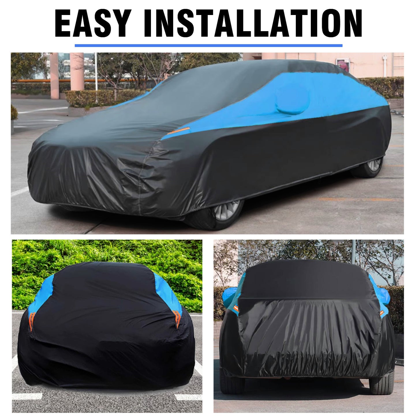 Universal Fit Outdoor Car Cover 170T Polyester Thickened Fabric with Reflective Strips, Full Exterior Sunshade Dustproof Protection for Sedan SUV - Black & Blue