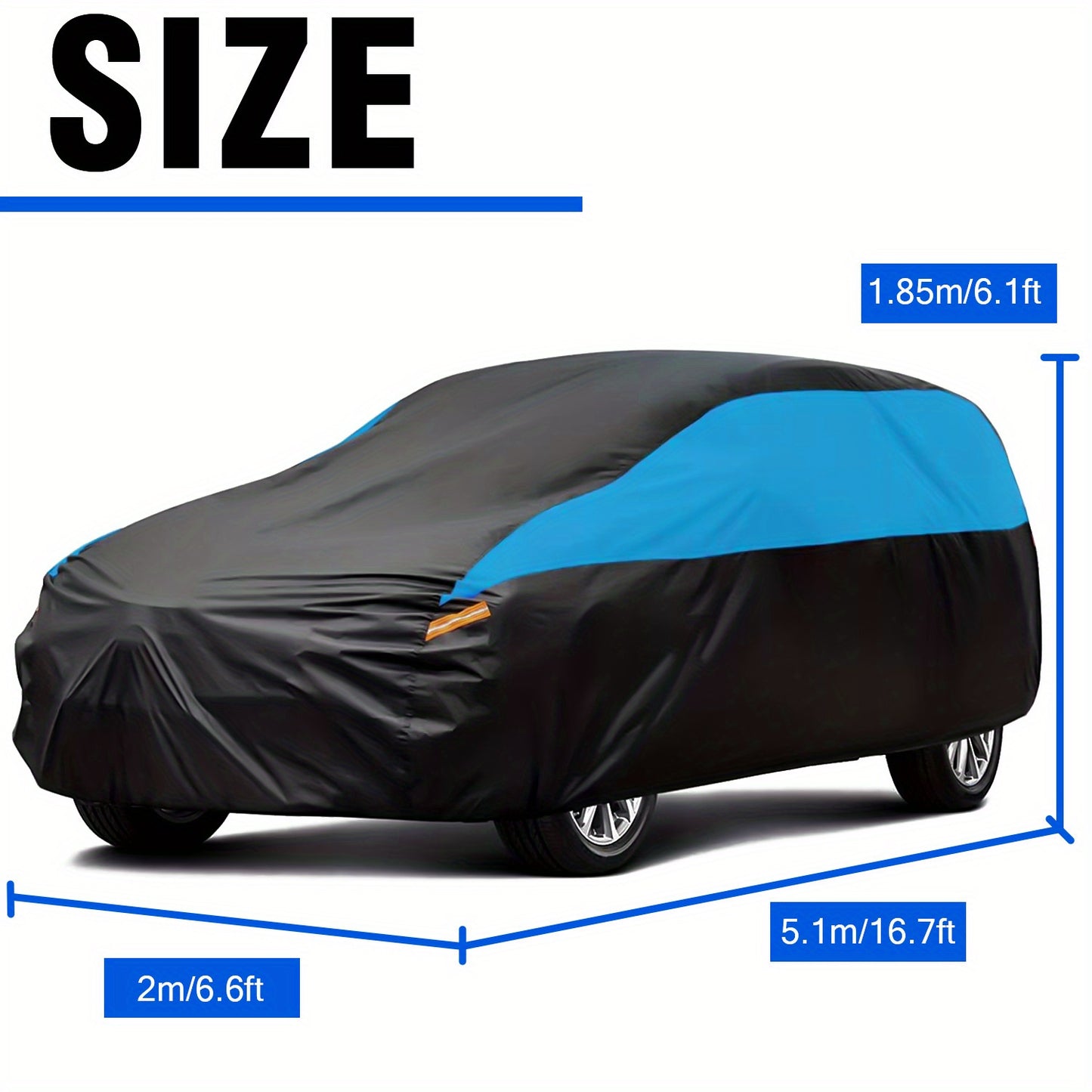 Universal Fit Outdoor Car Cover 170T Polyester Thickened Fabric with Reflective Strips, Full Exterior Sunshade Dustproof Protection for Sedan SUV - Black & Blue